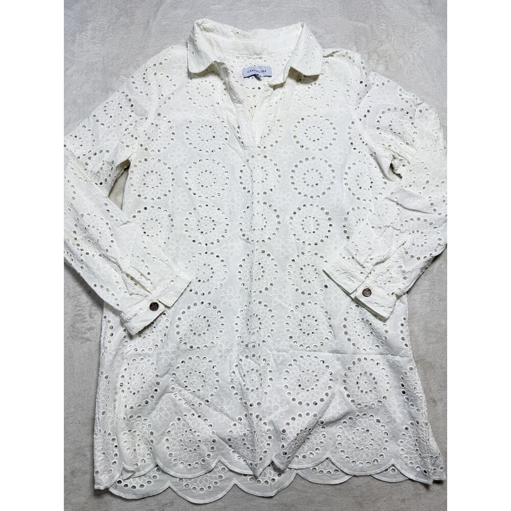 Cartolina Nantucket Joy Coverup Top Sz M White Eyelet Scalloped Hem Embroidery